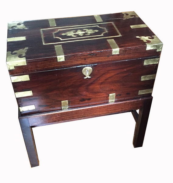 SOLD Victorian Anglo-Colonial Wood Brass-Inlaid Campaign or Travel Chest on Later Stand
