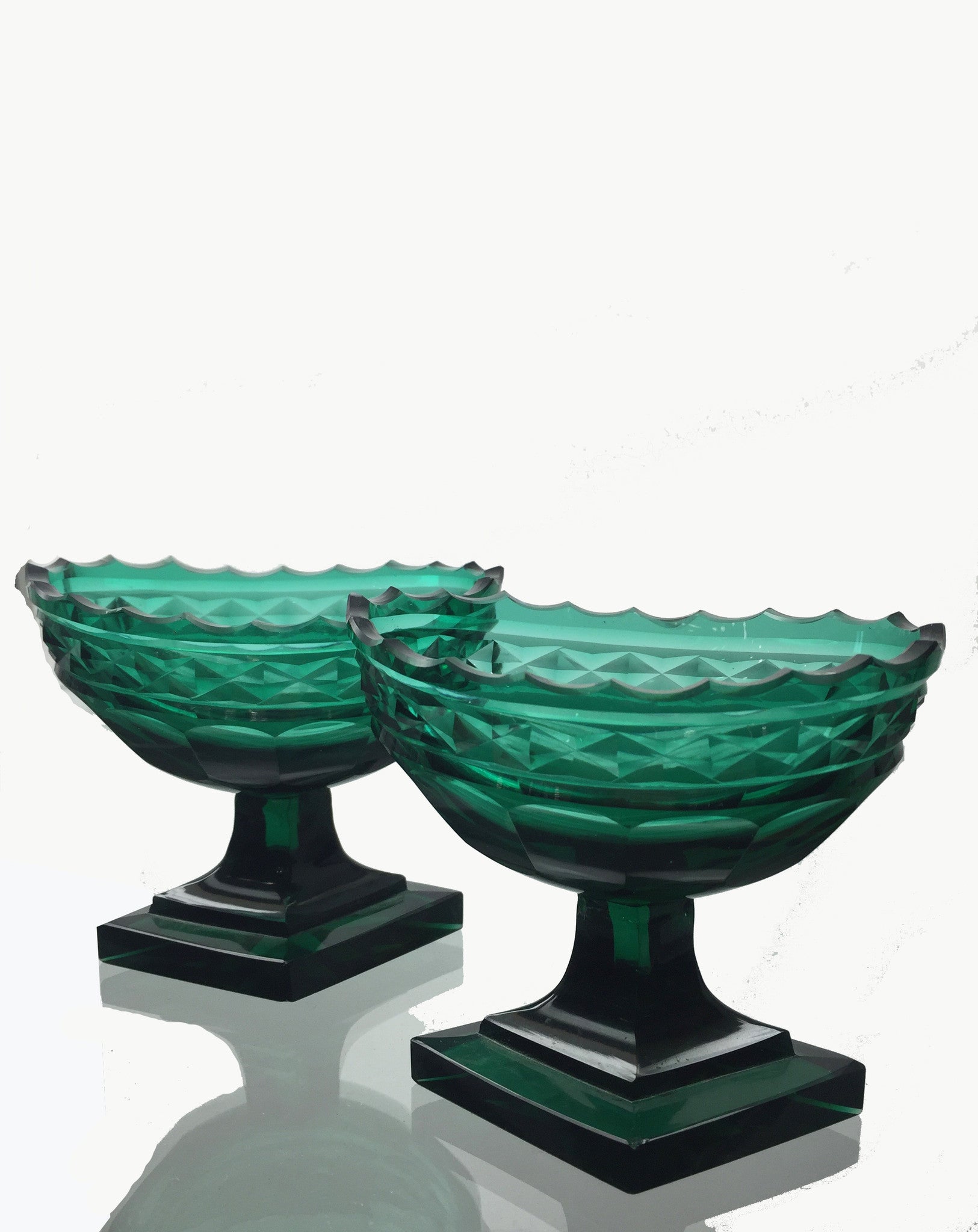 SOLD Pair of Anglo-English Georgian Emerald Green Blown- and Molded-Glass Master Salts