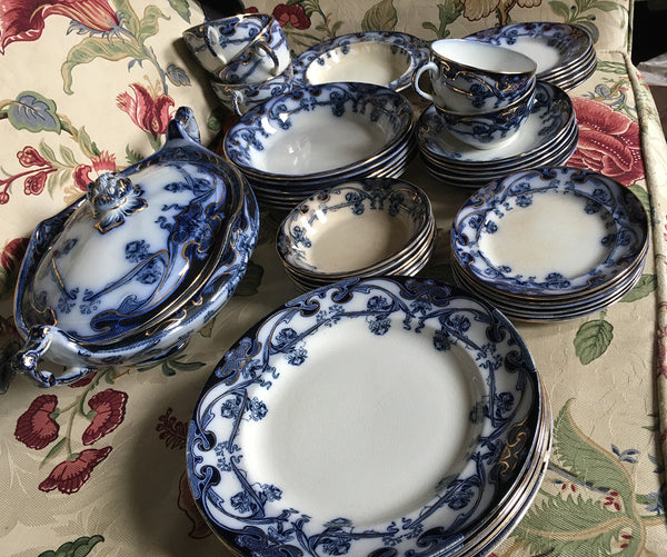 SOLD Art Nouveau Flow Blue English Staffordshire Iris Pattern Dinnerware , 43 Items