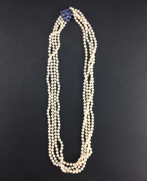 SOLD Retro Four Strand Toursade Pearl Necklace with Cabochon Sapphire Clasp
