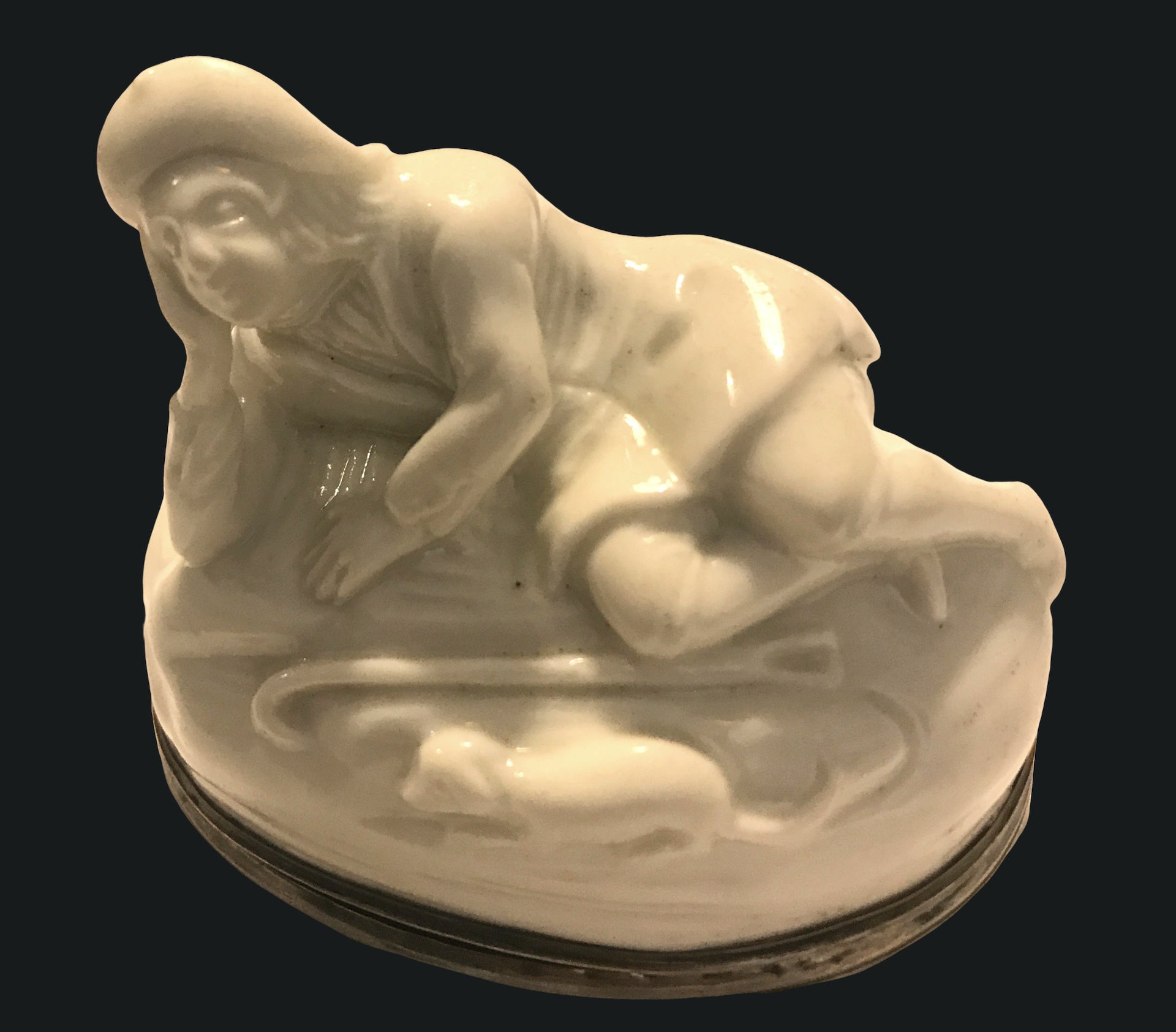 18th Century French Saint Cloud Porcelain Silver Mounted Snuff Box and Cover.