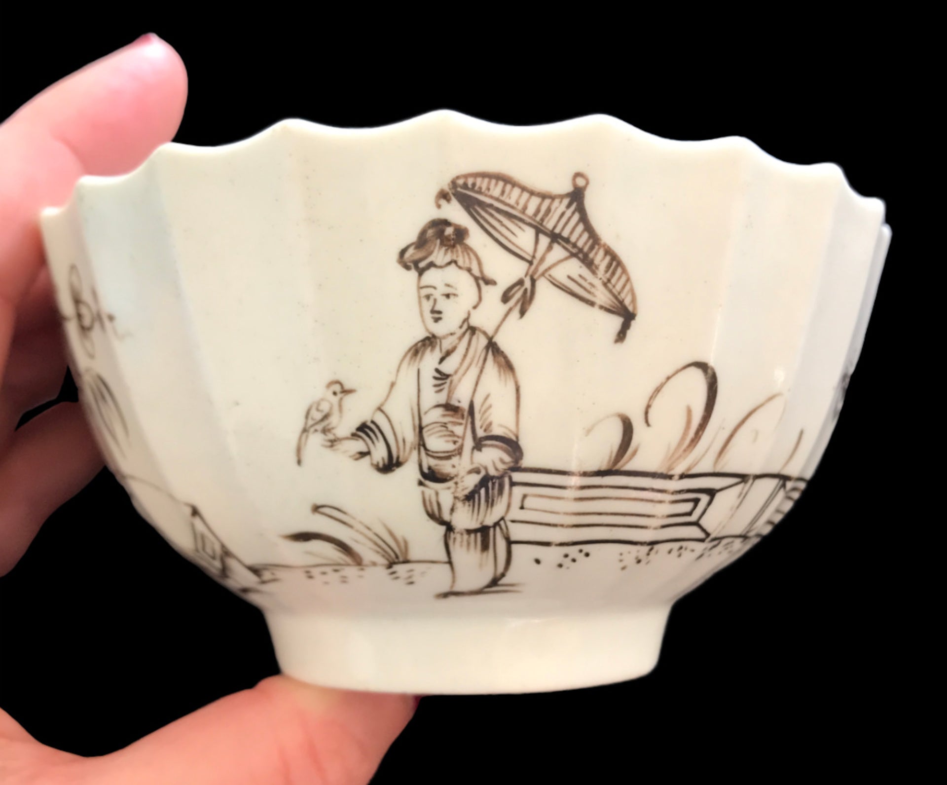 18th Century Worcester Porcelain Fluted Bowl with Black Penciled Decoration.