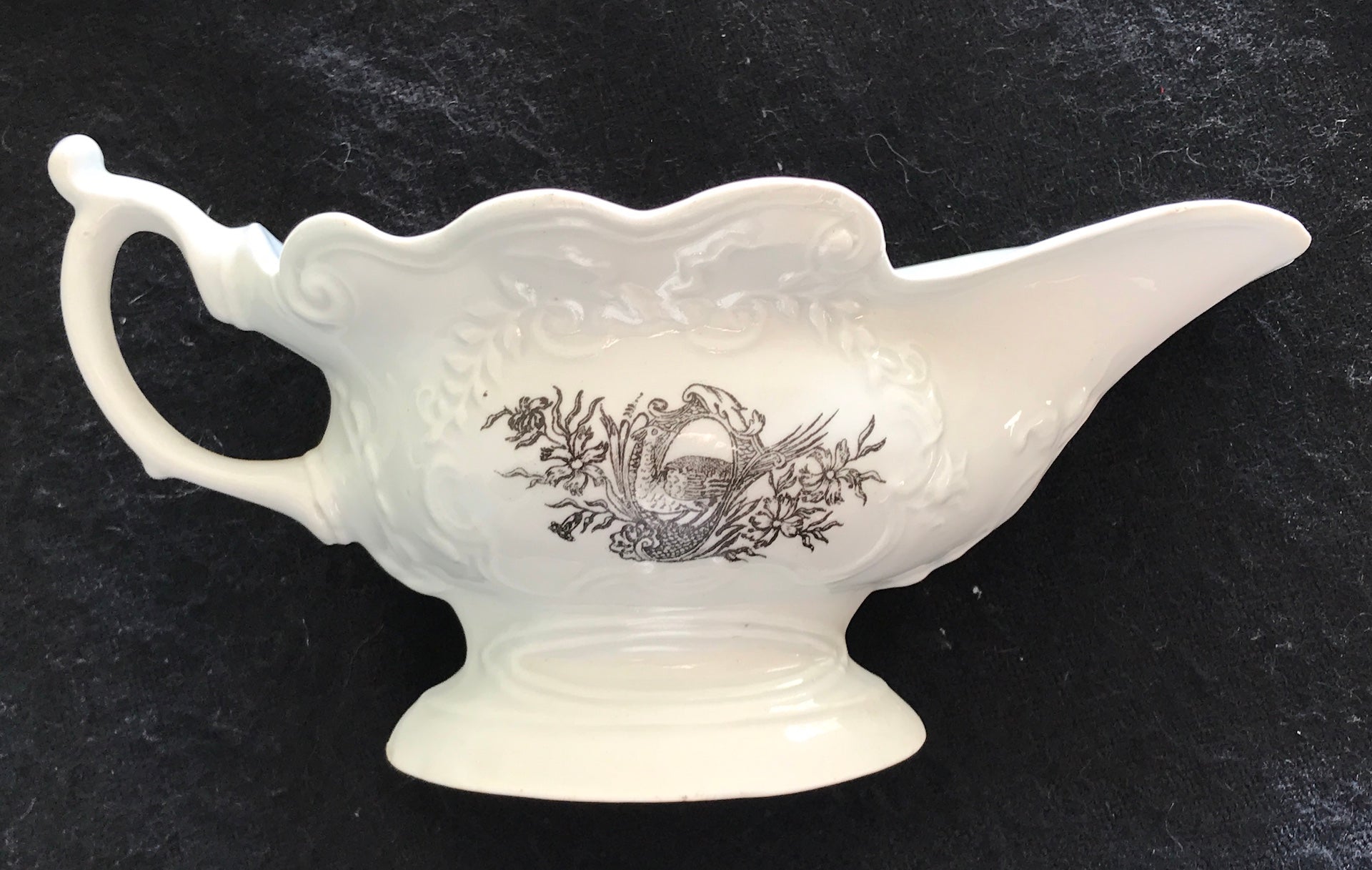 18th Century Worcester Porcelain Silver Shape Sauceboat Smokey Primitive Prints.