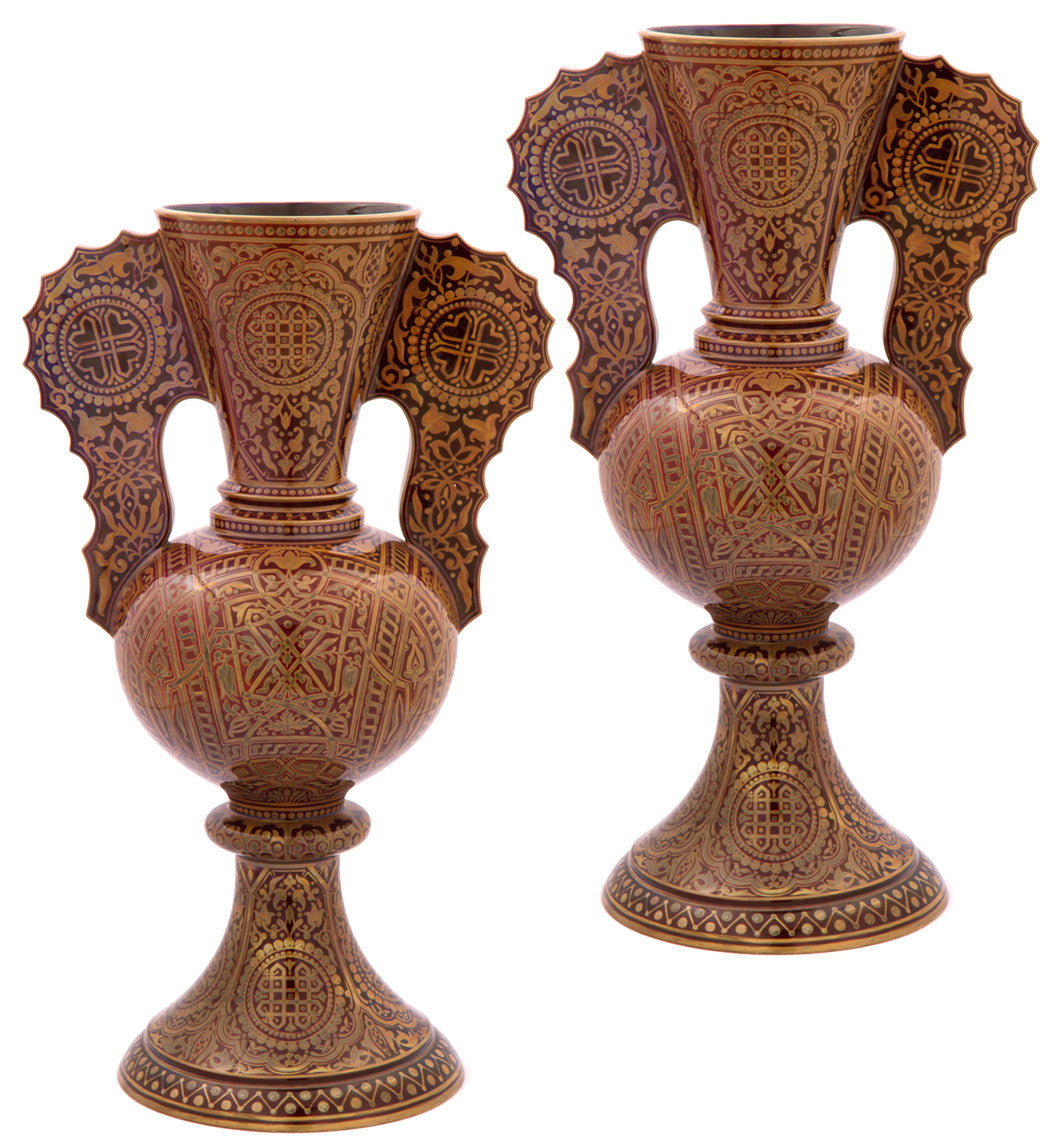 SOLD Hungarian Zsolnay Pecs Pottery Pair of Faience Vases of "Alhambra" Form