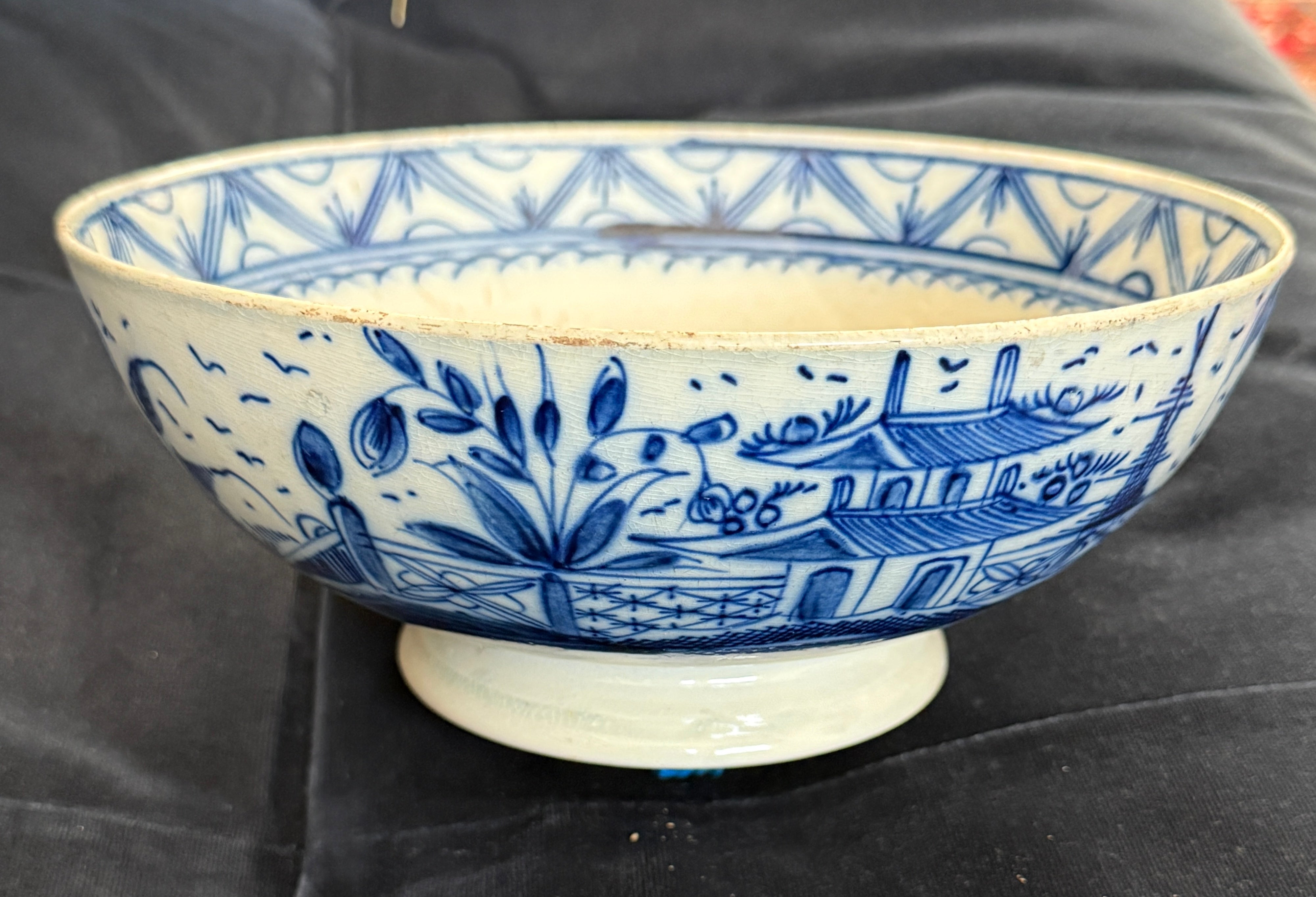 English Pearlware Underglaze Blue Painted Punch Bowl