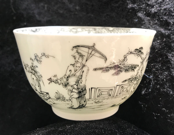 18th Century Worcester Porcelain Teabowl, Black Pencilled Chinoiserie.