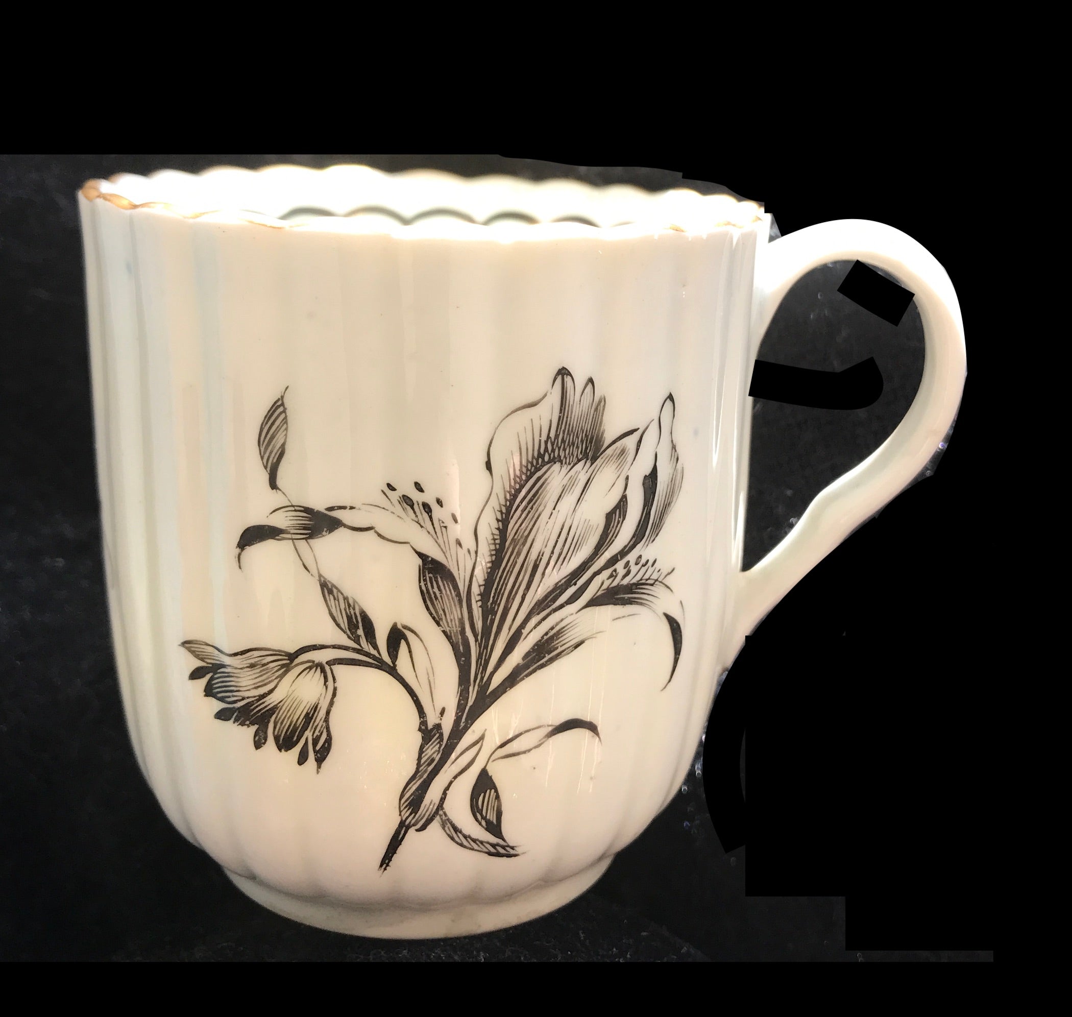 18th Century Worcester Porcelain Coffee Cup, Black Painted Flower