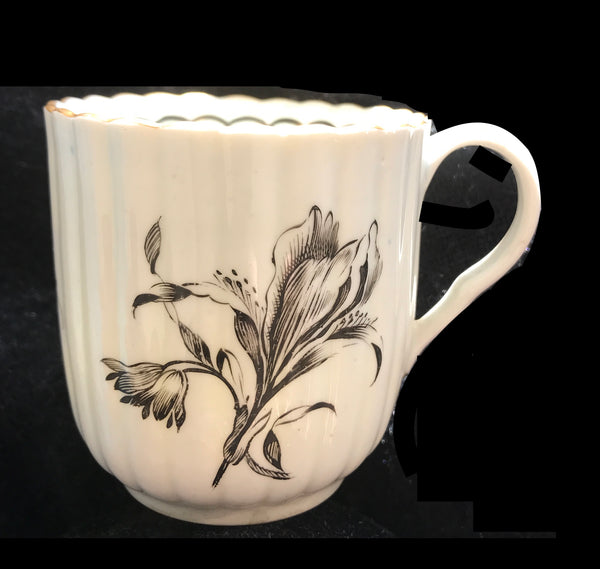 18th Century Worcester Porcelain Coffee Cup, Black Painted Flower.