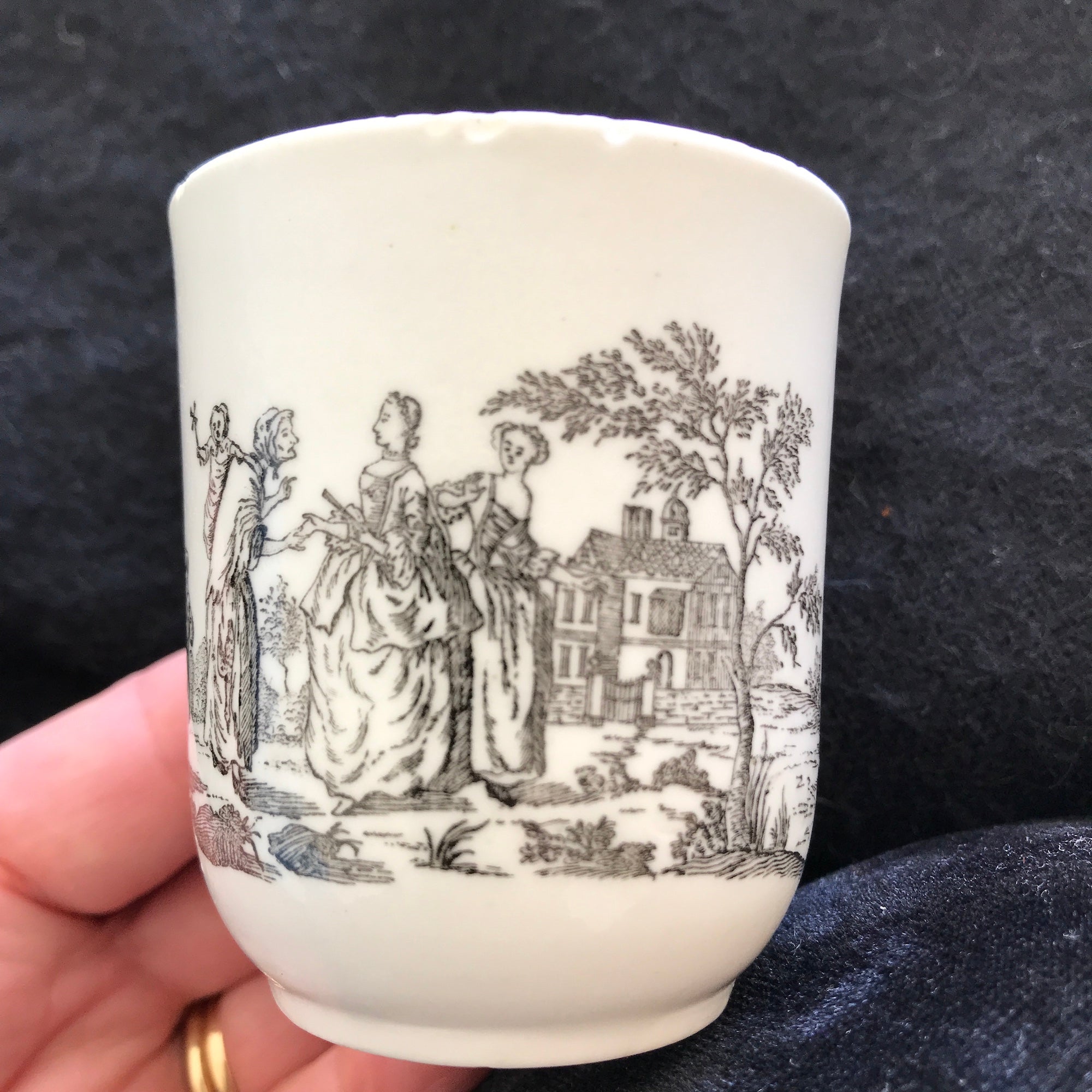 18th Century Worcester Porcelain Coffee Cup with Smokey Primitive Print.