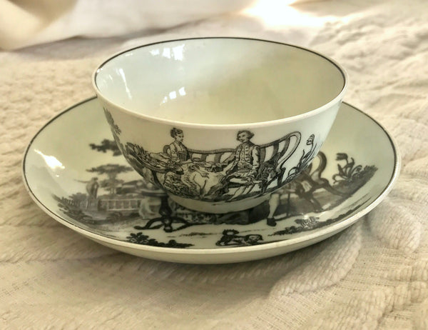 SOLD 18th Century Worcester Porcelain Teabowl and Saucer, Tea Party Print.