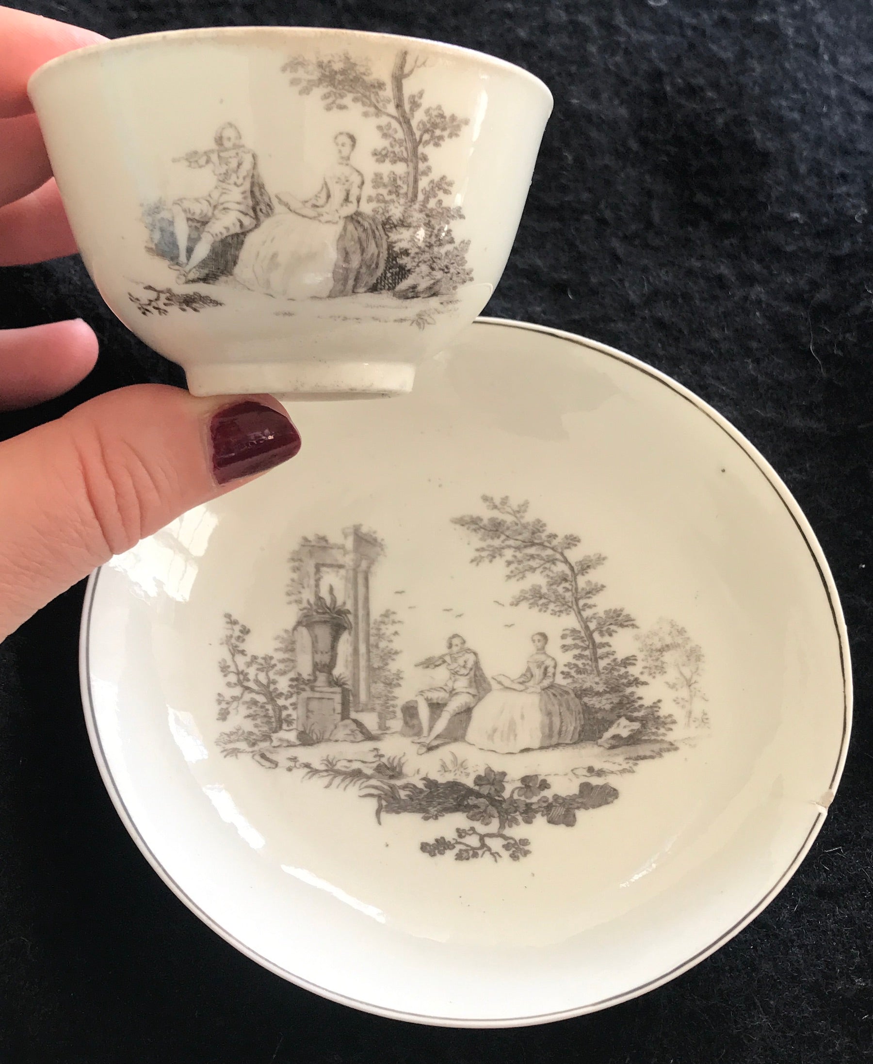 18th Century Worcester Porcelain Teabowl and Saucer, Singing Lesson Print.