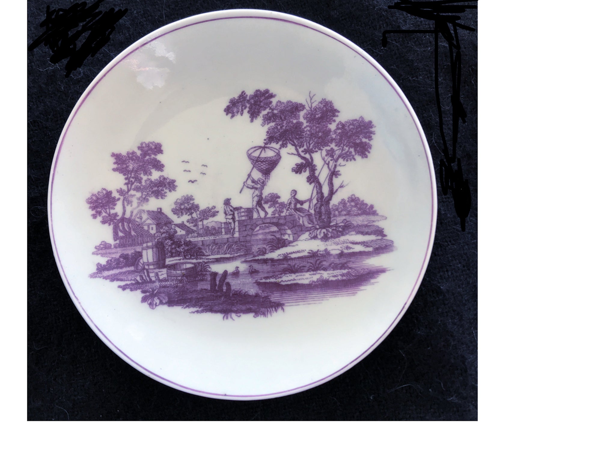 SOLD 18th Century Worcester Porcelain Teabowl and Saucer, Printed in Purple.