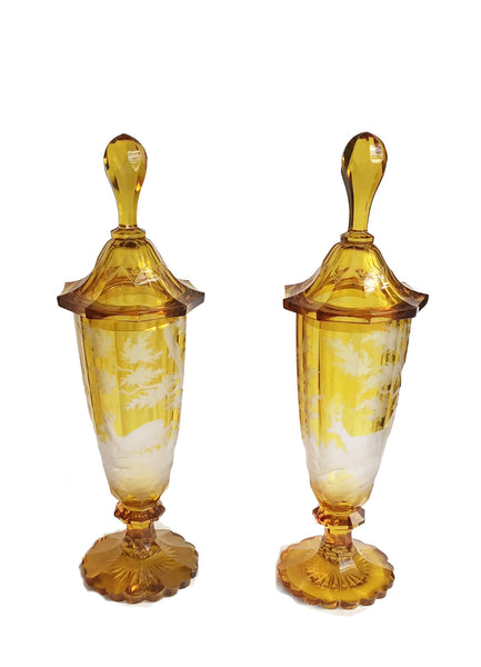 SOLD Pair of German-Czech 19th Century Bohemian Glass Covered Vases