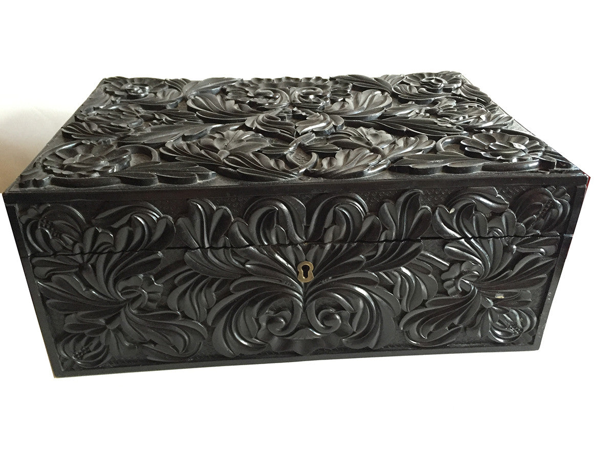 SOLD Antique Victorian Solid Ebony Carved Anglo-Indian Rectangular Box