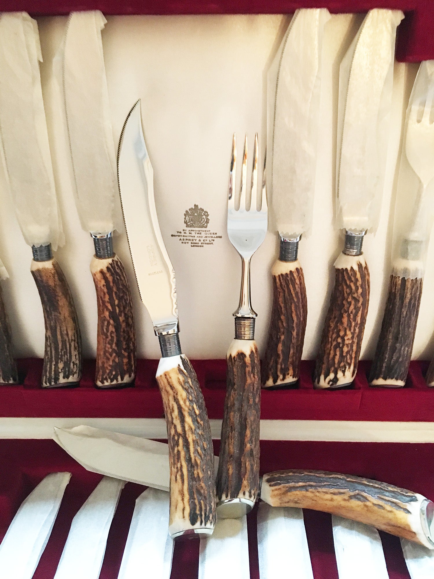 SOLD English Asprey Antler, Stainless Steel Cased Fork and Knife Set