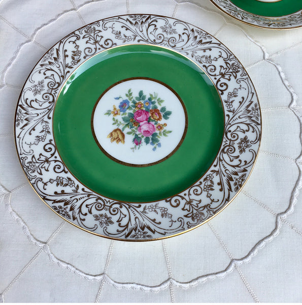 SOLD Czech Black Knight Porcelain Green Rim Floral Plates BLK35 S/12