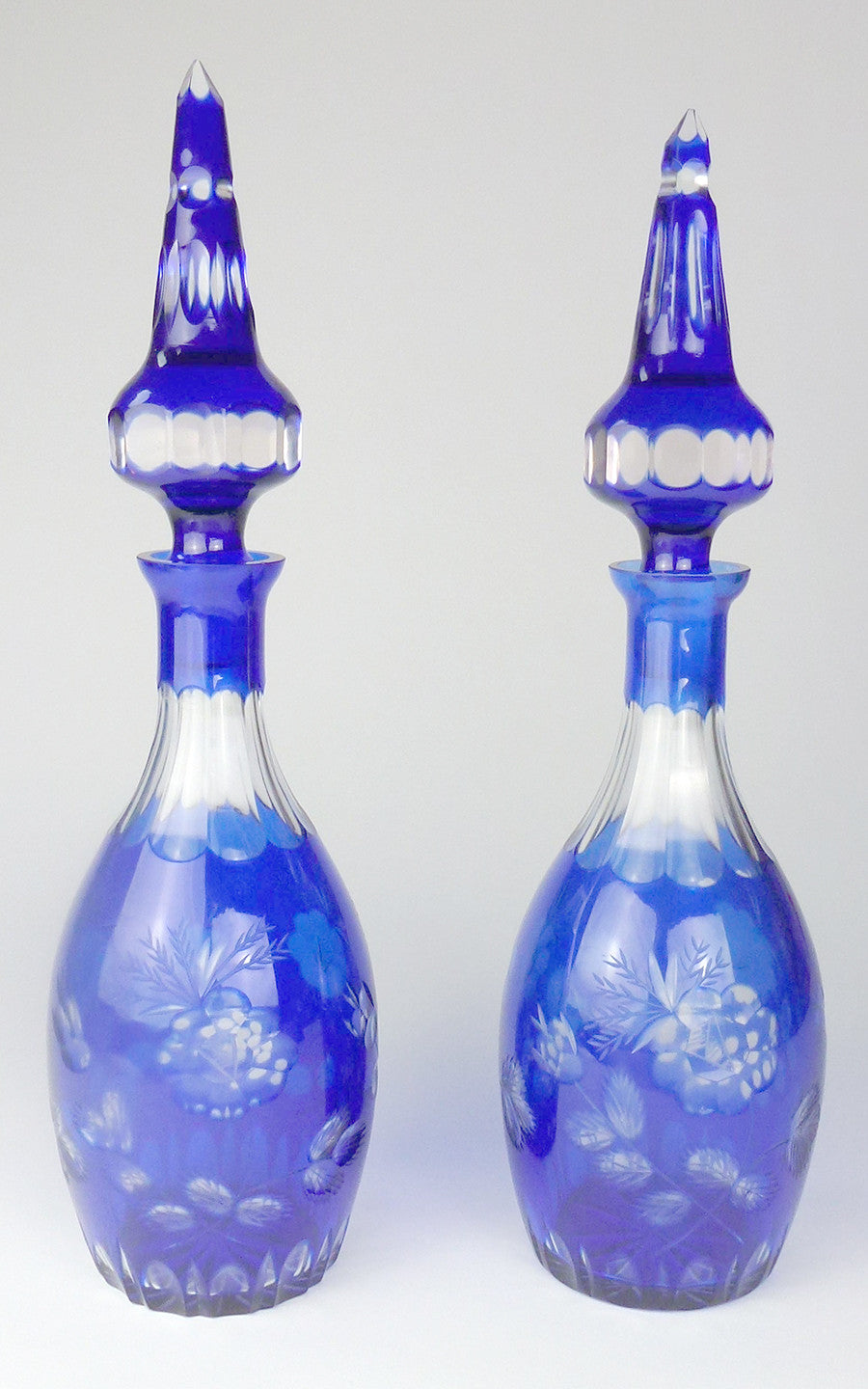 SOLD German Czech Bohemian Pair of Cut Glass Blue to Clear Decanters