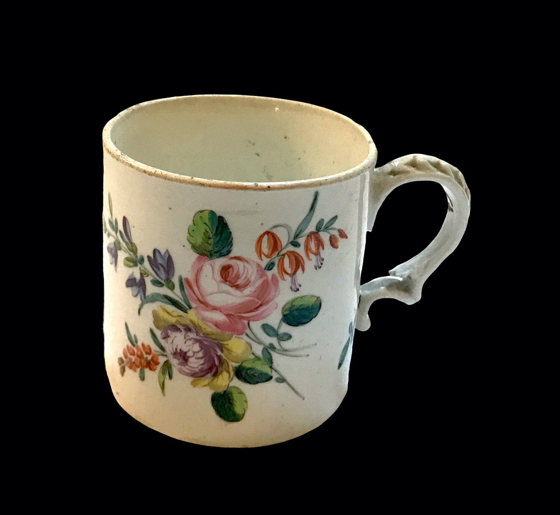 SOLD 18th Century Champion's Bristol Hard Paste Porcelain Polychrome Painted Mug.