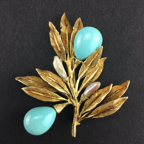 SOLD Mario Buccellati yellow gold, turquoise and pearl flower brooch