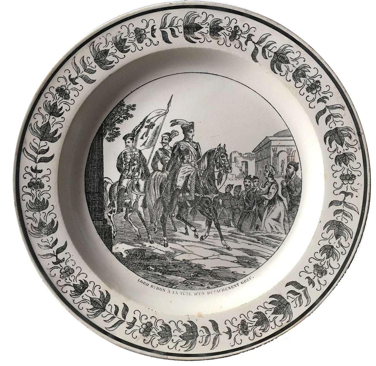 SOLD French Creil and Montreau Creamware Plate, Transfer-Printed with Scene of Byron Leading his Greek Troops