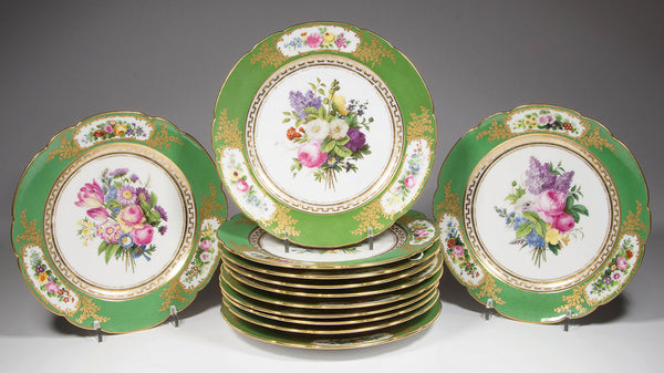 SOLD Set of 12 French ‘Vieux Paris’ Feuillet Porcelain Green-Ground Dessert Plates