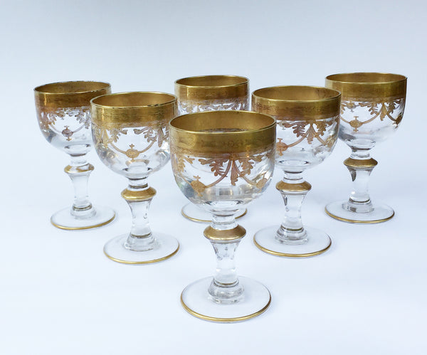 SOLD Antique French Lead-Crystal Red Wine Glasses, Enamelled Gilt Decoration, circa 1920