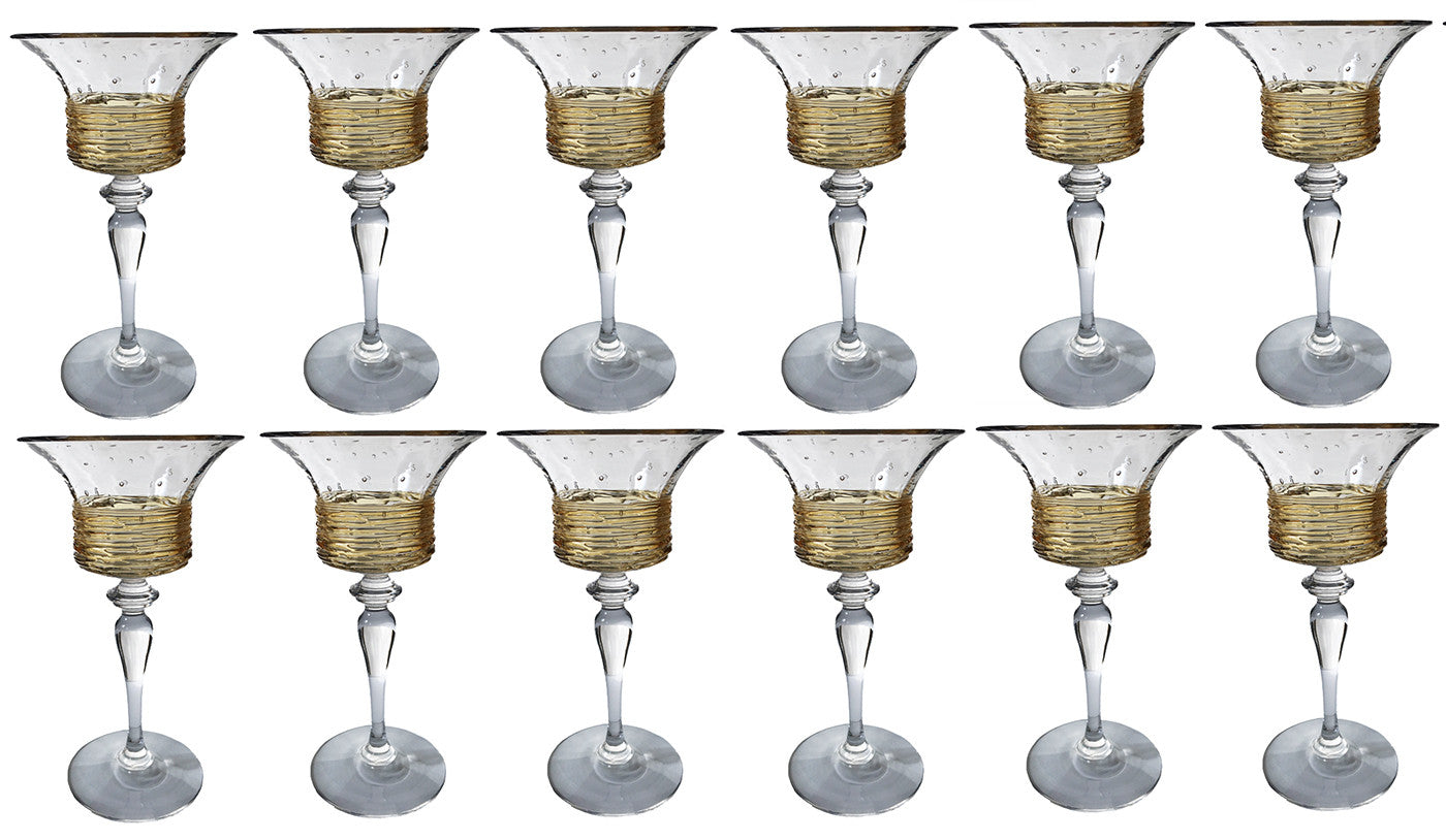 SOLD American  H.C. Fry Glass Set of 14 Cordial Glasses with Gold Threads