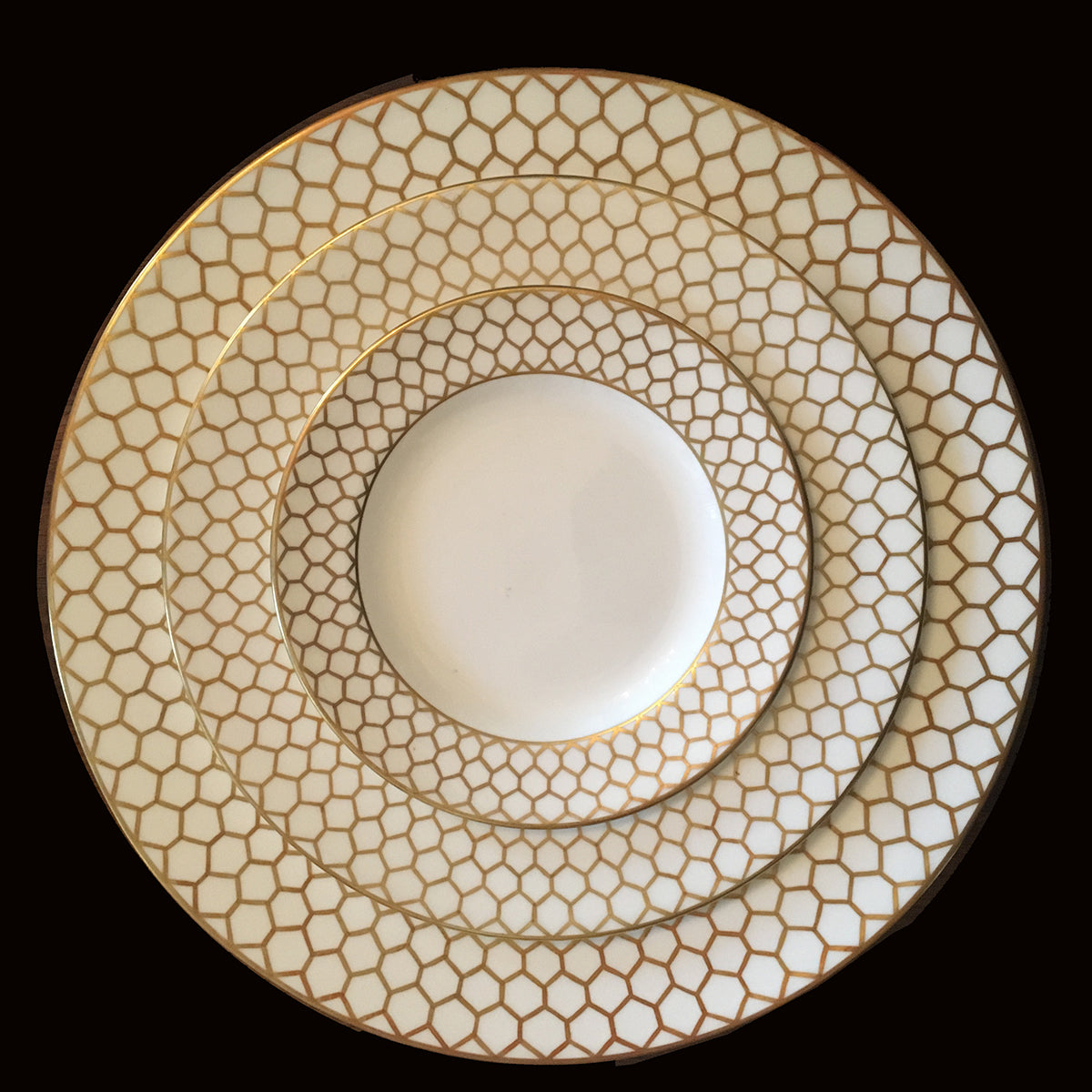 SOLD French Le Tallec  Porcelain Plates for Tiffany Gold Trellis Border