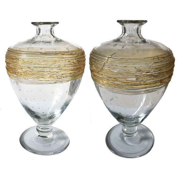 SOLD  American (Pennsylvania) H.C. Fry Glass Pair of Bottle Vases with Gold Thread Wraps