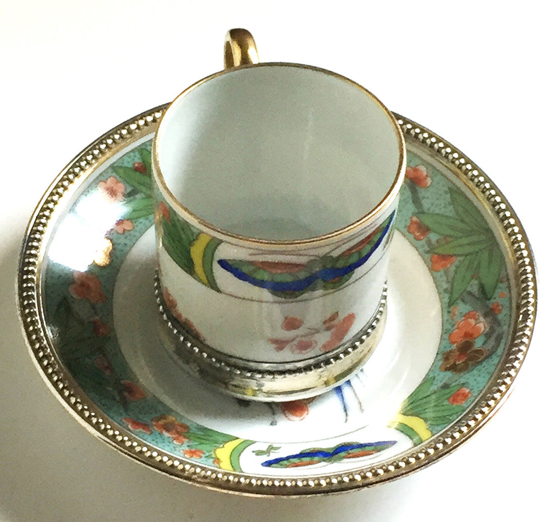 SOLD Pouyat Limoges Porcelain Set 6 Cups and Saucers, Kakiemon Pattern, Silver Mounts