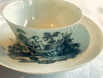 18th Century Liverpool Porcelain Printed Teabowl and Saucer, Philip Christian's Factory.