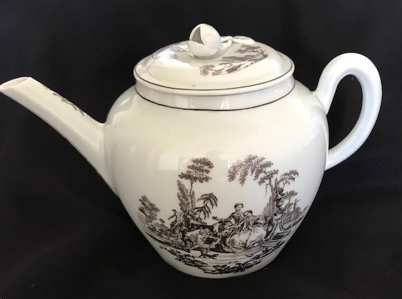 18th Century Worcester Porcelain Globular Teapot with Black Transfer Prints.