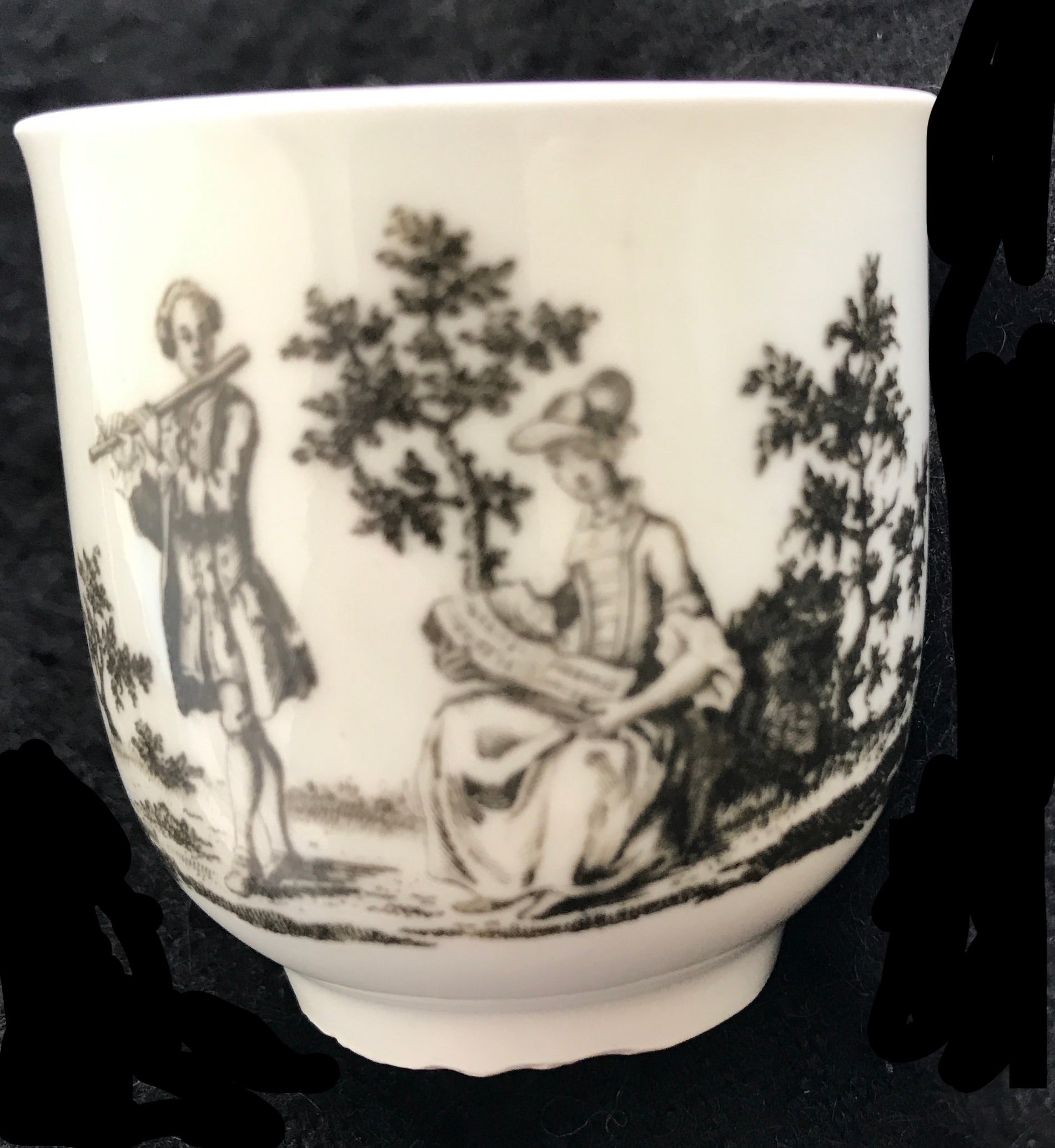 Rare 18th Century Worcester Porcelain Coffee Cup Singing Lesson Variant Print.