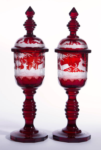 SOLD Pair of Massive German-Czech 19th Century Bohemian Ruby-Stained Glass Goblets