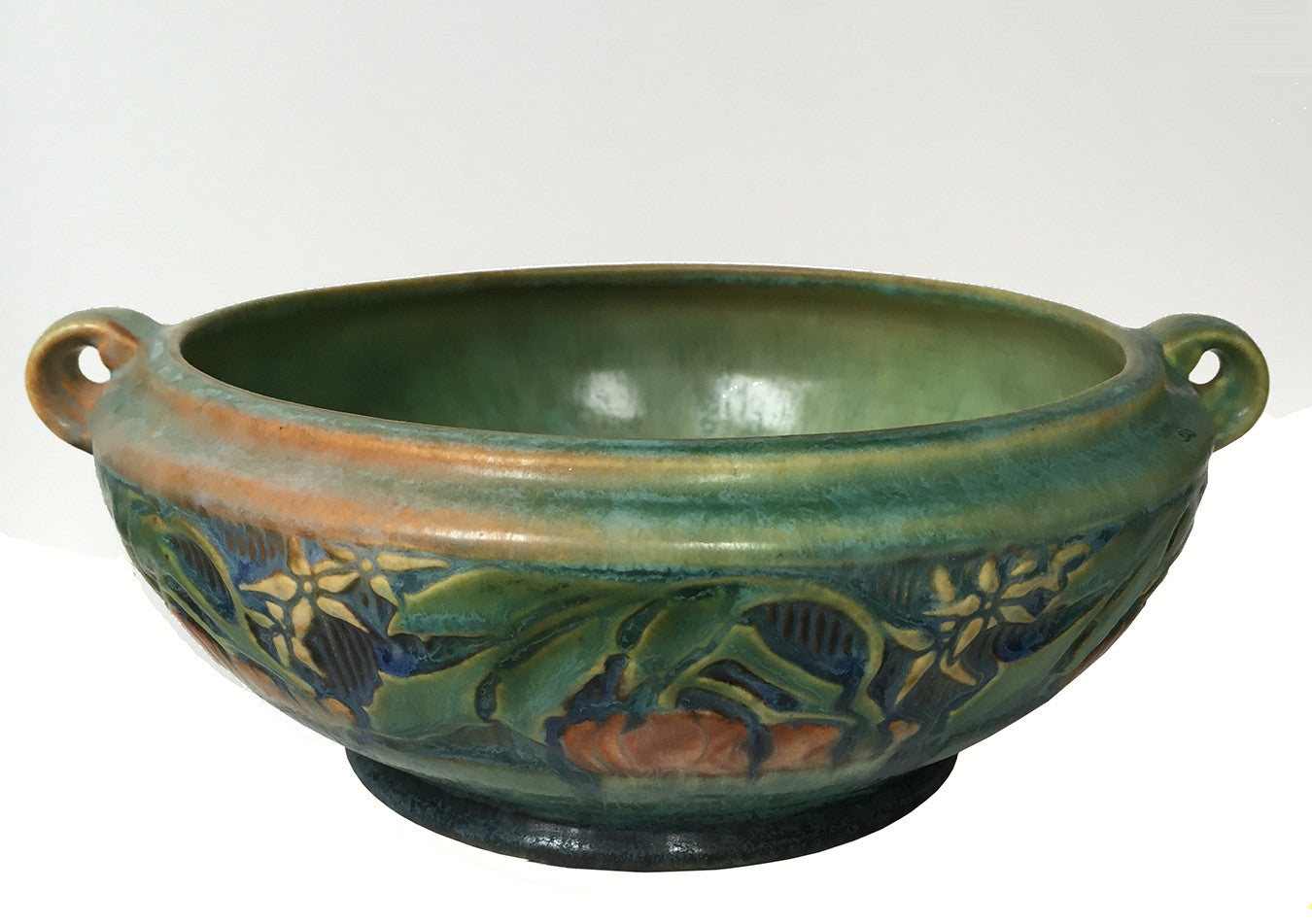 SOLD Roseville Green Pottery Baneda Pattern Low Bowl, circa 1930
