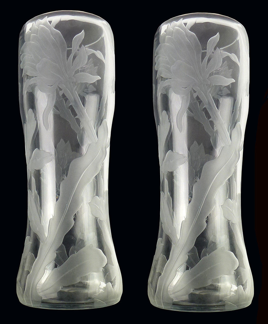 SOLD Russian Art Nouveau Imperial Glass Factory Pair of Vases Etched with Orchid Cactus