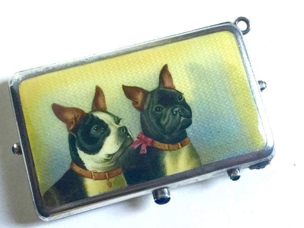 SOLD German Silver and Silver-Gilt Cosmetic Case with Enamel of Dogs to Cover