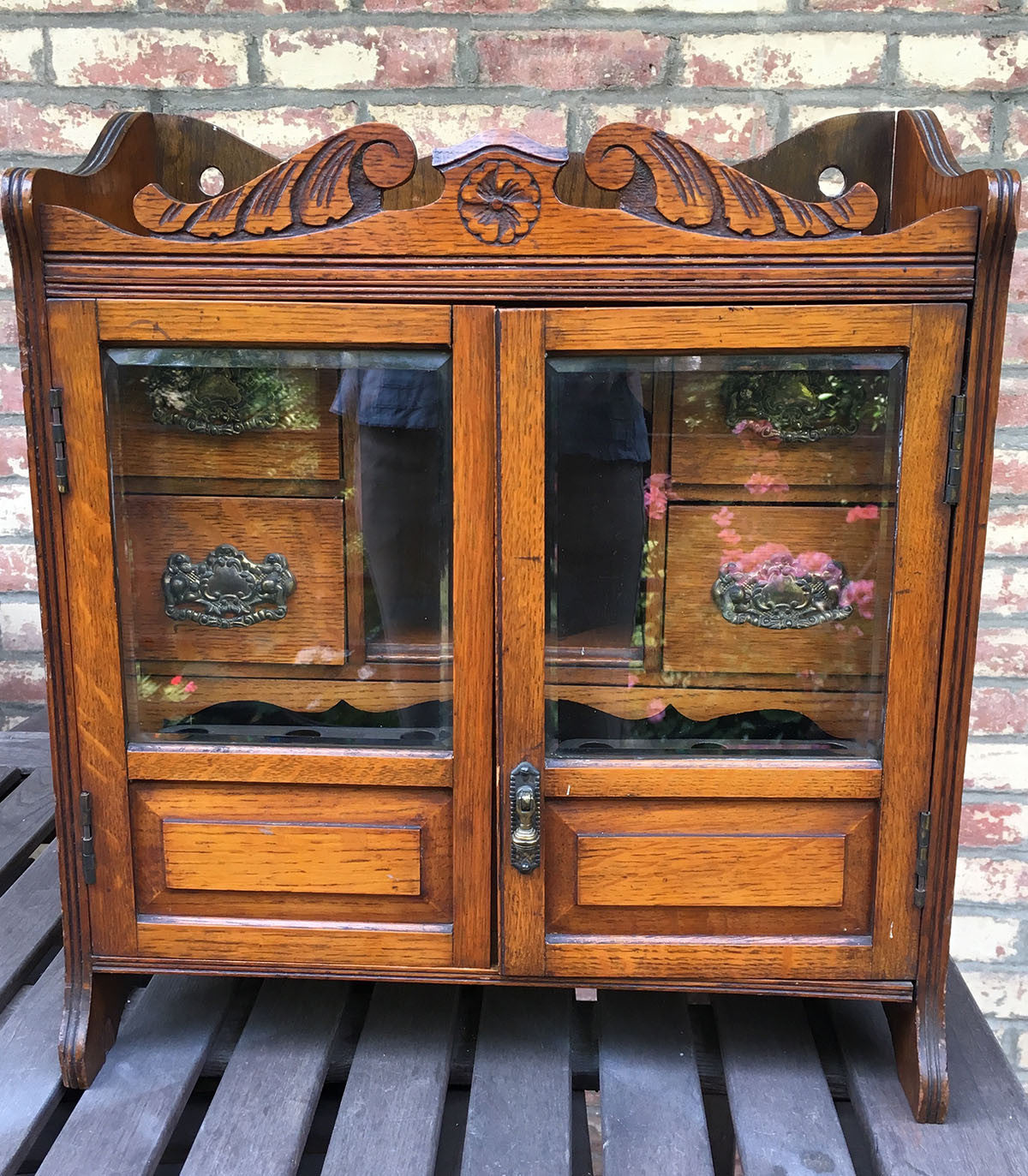 SOLD Victorian Oak Table Top Tobacco Cabinet Chest w Duroglass Humidor