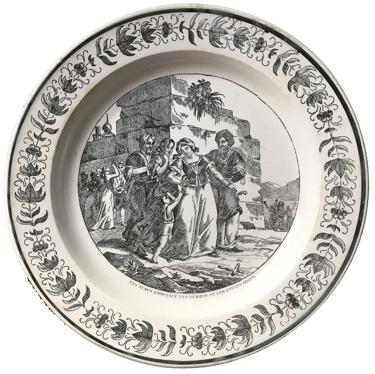 SOLD French Creil Creamware Plate, Transfer-Printed with Turks Freeing Greek Women and Children