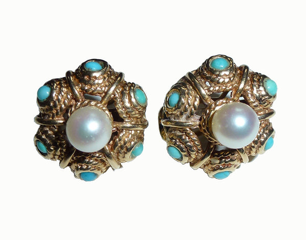 SOLD  Gold, 8 mm. Pearl Turquoise PairEarrings