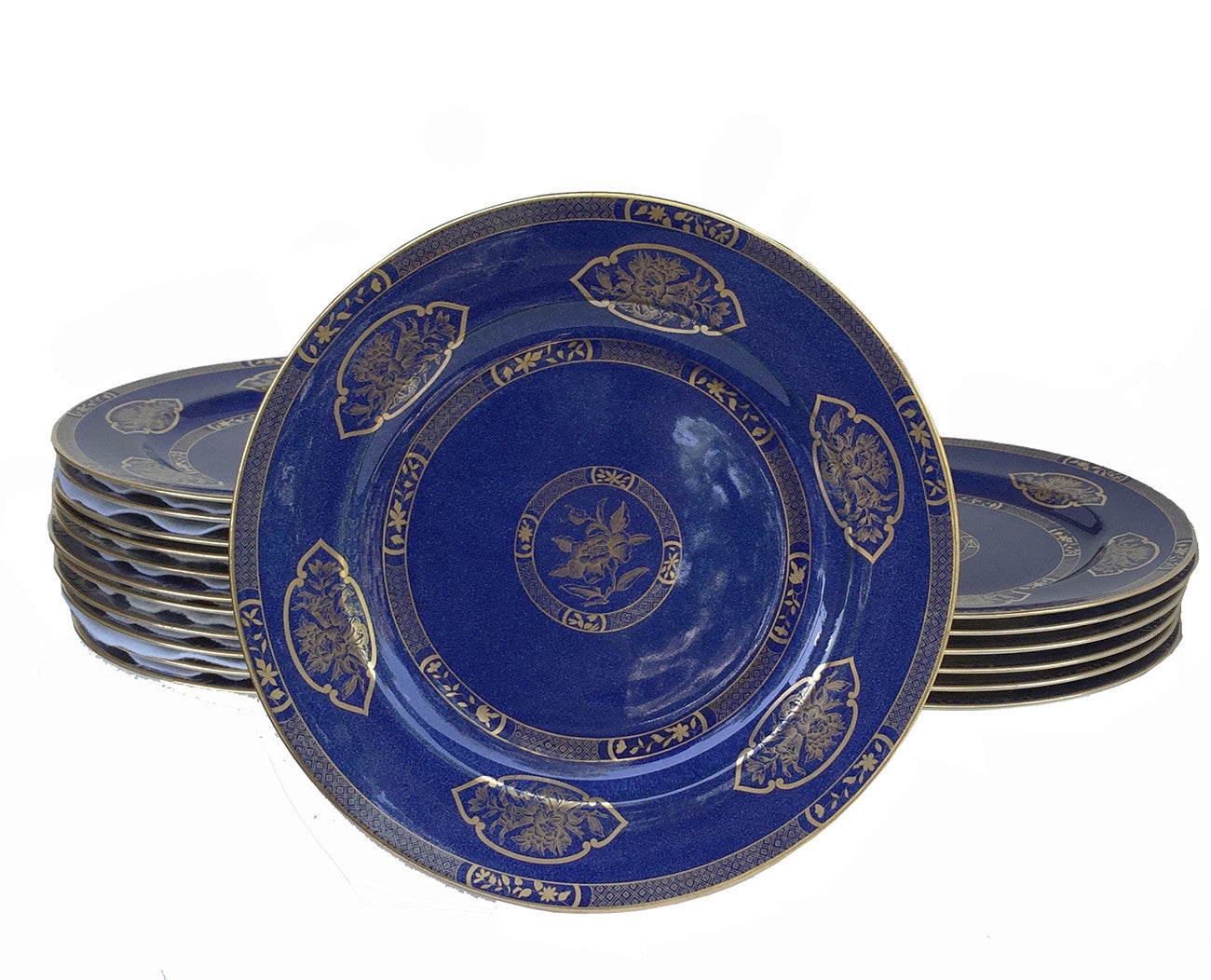 SOLD Wedgwood Bone China Set of 18 Powder-Blue Ground Chinoiserie Dinner Plates, circa 1930