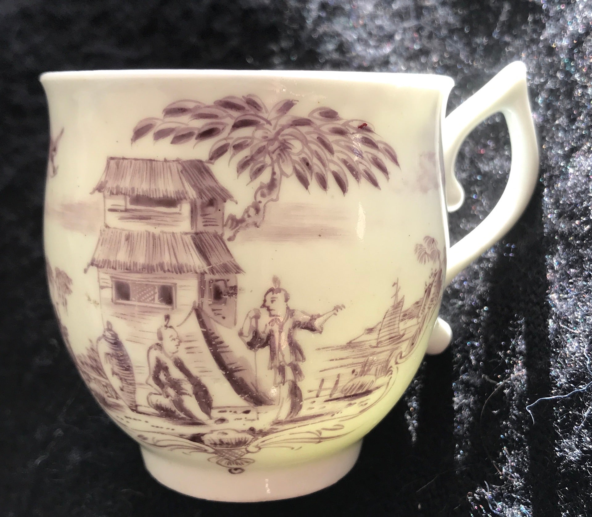 18th Century Worcester Porcelain Lilac Painted Coffee Cup with Chinoiserie Scene.