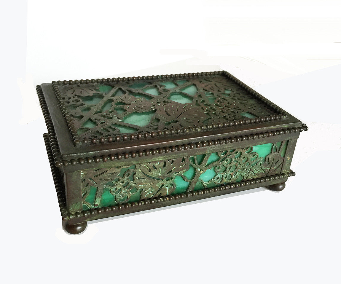 SOLD American Arts & Crafts Tiffany Studios Slag Glass and Bronze "Grapevine" pattern box
