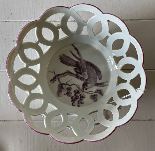 18th Century Worcester Porcelain Transfer Printed in Purple with Parrot & Fruit