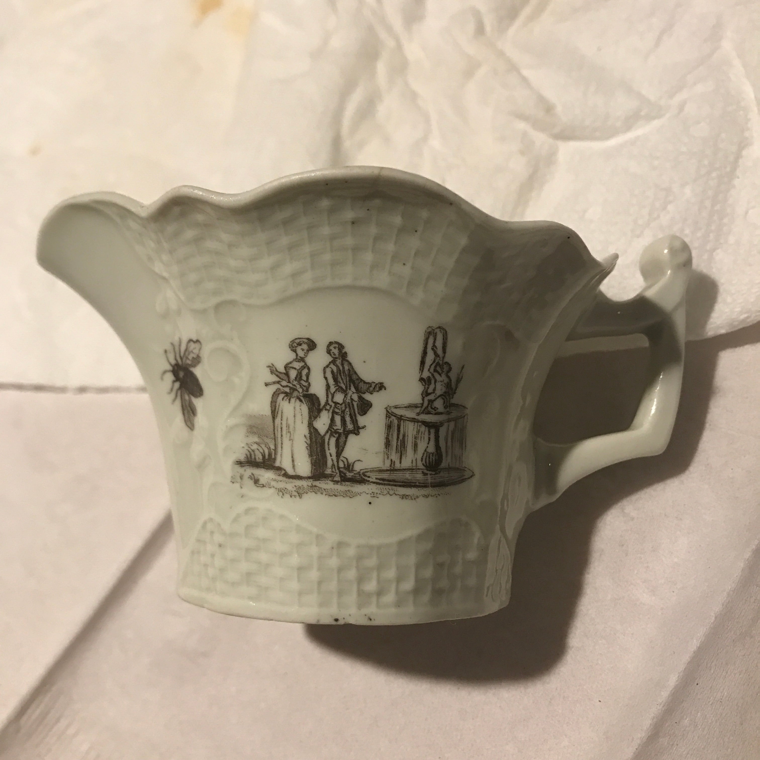 Rare 18th Century Worcester Porcelain Creamboat with Black Transfer Print