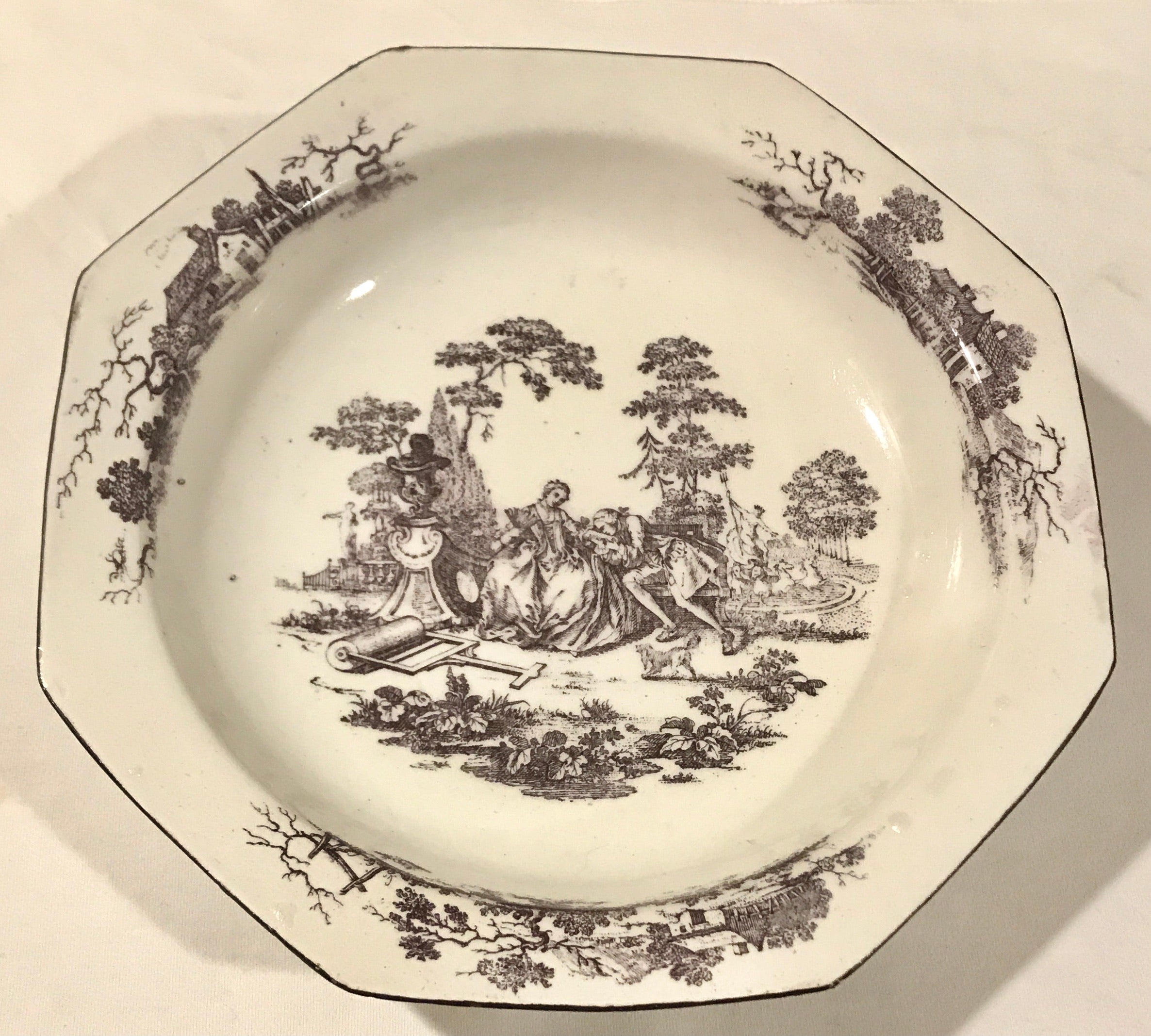 18th Century Bow Porcelain Octagonal Rim Soup Plate Printed in Purple.