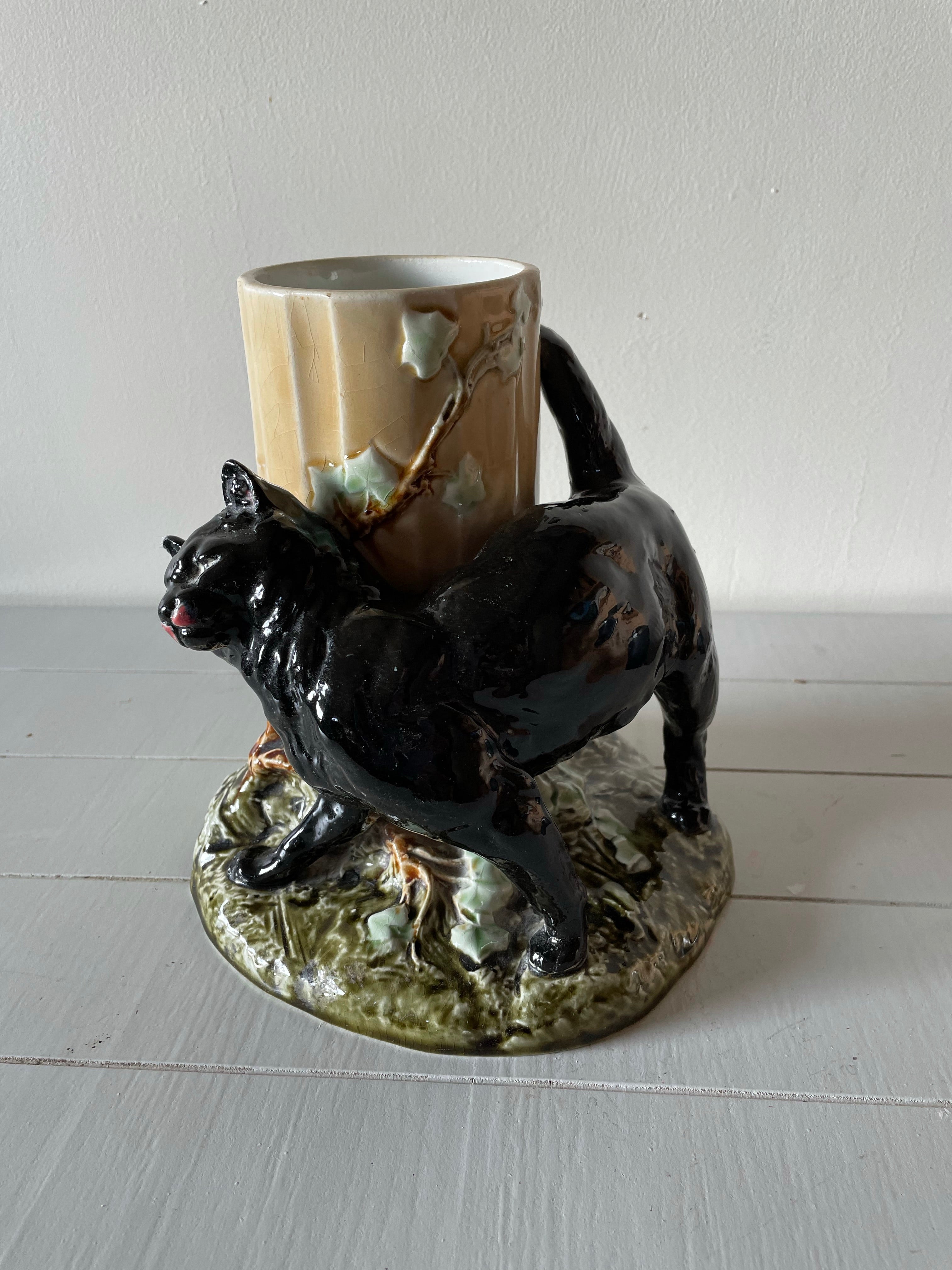 Beaux Arts French Faience Vase with Black Cat